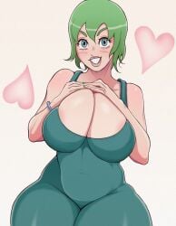 1girls absurd_res absurd_resolution absurdres areola areola_peek areola_slip areolae areolae_peeking areolae_slip big_breasts blue_eyes blush breast_focus breasts breasts_focus busty cleavage curvaceous curvy curvy_female curvy_figure david_productions female female_focus female_only foo_fighters green_hair heart heart-shaped_breast_challenge heart-shaped_breasts hearts_around_head hi_res high_resolution highres jojo's_bizarre_adventure large_breasts larsson_(artist) light-skinned_female light_skin medium_hair overalls short_hair shounen_jump simple_background smile smiling solo solo_female solo_focus stone_ocean tagme thick_thighs thighs voluptuous voluptuous_female yurilarsson