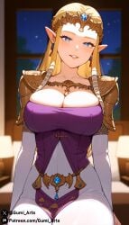 ai_generated blonde_hair blue_eyes cleavage dress gumi_arts large_breasts looking_at_viewer princess_zelda sitting smile stable_diffusion the_legend_of_zelda the_legend_of_zelda:_twilight_princess zelda_(twilight_princess)