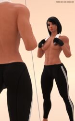 3d abs black_eyes black_hair blender dark-skinned_female dark_skin female fingerless_gloves gloves hair_ornament high_resolution mirror_image muscle muscular_female navel_piercing overwatch pharah pharah-best-girl piercing reflection scar sportswear topless towel towel_around_neck