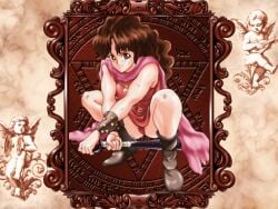 1female 1girls bandit bare_arms bare_legs bare_shoulders bare_thighs boots bracelet brown_boots brown_eyes brown_hair cape curly_hair dress female female_only light-skinned_female light_skin long_hair necklace olive_(princess_maker) only_female panties panties_exposed picture picture_frame pink_cape pink_necklace princess princess_maker_(series) red_dress red_panties scar scar_on_face scars scars_all_over scars_on_arm scars_on_face scars_on_legs spiked_bracelets thick_thighs