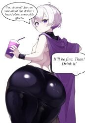 ai_generated blank_background confused femboy grimace_shake huge_ass jonnyjonn leather_pants looking_at_viewer looking_back mcdonald&#039;s milkshake no_nudity pale_skin purple_cloak purple_eyes skeptical speech_bubble text thanatos_(jonnyjonn) thick_thighs topless white_hair