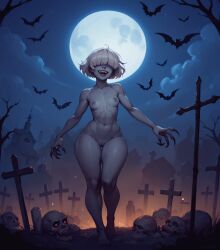 1girls ai_generated bat cemetery hair_over_eyes hentaikapten moon naked night original pale_skin pussy sharp_claws sharp_teeth short_hair skulls vampire vampire_girl white_hair