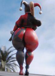 2024 3d bbw big_ass coolmaster98 fan_design female footwear full_color fully_clothed harley_quinn harley_quinn_(classic) hyper_ass latex_suit light-skinned_female massive_ass no_penetration solo solo_female tagme