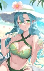 1girls absurdres alternate_costume aqua_hair beach bikini blue_sky braid breasts chloe_(fire_emblem) cleavage closed_mouth day female female_only fire_emblem fire_emblem_engage flower green_bikini green_eyes green_swimsuit highres large_breasts long_hair looking_at_viewer nintendo ocean outdoors side_braid sky smile solo swimsuit tarutaru193 teardrop_earrings