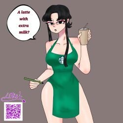 apron apron_only black_hair chinese chinese_female chinese_girl female milf oc original_character starbucks