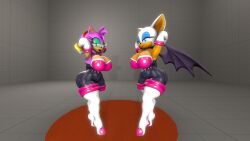 2girls 3d 3d_model alternate_breast_size amy_rose amy_the_bat bat_wings big_breasts bodysuit curvy_figure female female_only high_heels long_gloves makeup mobian mobian_(species) mobian_bat multiple_girls neckline rouge_the_bat rouge_the_bat_(cosplay) sega sonic_(series) sonic_adventure_2 sonic_the_hedgehog_(series) spandex_suit thick_thighs