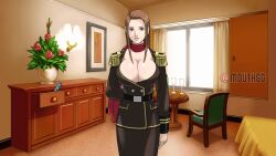 1girls big_breasts blue_eyes brown_hair detention edit female female_focus gyakuten_saiban highres hotel_room huge_breasts lana_skye light-skinned_female light_skin mouthgg room staring staring_at_viewer