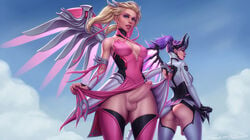 2futas alternate_costume armor ass balls big_penis blizzard_entertainment blonde_hair blue_eyes breasts cleavage dickgirl erection flaccid futa_only futa_sans_pussy futa_with_futa futanari human imp_mercy intersex long_hair looking_at_viewer looking_back mercy overwatch penis perineum personalami pink_mercy ponytail purple_hair standing taint testicles tied_hair twintails wings