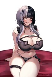 alternate_version_available arm_under_breasts big_breasts black_bra black_hair black_lingerie collar eyeliner female hololive hololive_english hololive_english_-advent- large_breasts lingerie lingerie_only looking_at_viewer shiori_novella sidelocks sitting solo thick_thighs thighs two_tone_hair virtual_youtuber white_hair xynian