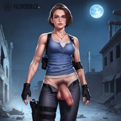 1futa ai_generated ball_hair balls blue_eyes brown_hair city erect_penis erection flordulce futa_only futanari gloves hairy_testicles holster jill_valentine night night_sky outdoors pants penis pubic_hair resident_evil ruined_city ruins short_hair solo_futa standing tank_top testicles unzipped_pants