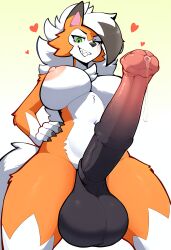 ai_generated anthro big_breasts dickgirl dusk_lycanroc equine_penis futa_only futanari green_eyes grin heart horse_penis horsecock horsecock_futanari low-angle_view lycanroc medial_ring nai_diffusion nintendo nipples novelai pokémon_(species) pokemon precum precum_drip self_upload thick_thighs weedvee420