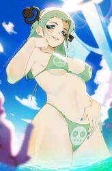 a.b.a ass beach bikini blue_eyes breasts green_hair guilty_gear headgear looking_at_viewer meow_boop sea tagme thick_thighs viewed_from_below voluptuous