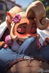 1boy1girl ai_generated ashleybarkz blonde_hair closed_eyes coco_bandicoot crash_(series) crotch_sniffing erection furry hi_res outdoors painted_nails sniffing sniffing_penis under_covers unseen_male_face