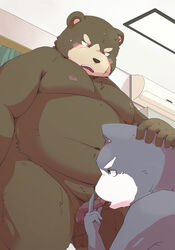 2011 anthro balls bear belly blush duo dv-ch erection feline humanoid_hands male mammal moobs navel nipples oral overweight overweight_male penis yaoi