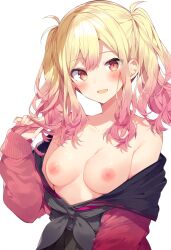 1girls ai_generated areola areolae big_breasts blonde_hair blush blush breasts breasts breasts breasts_out clothed clothing exposed_breasts exposed_shoulders female female_focus female_only functionally_nude functionally_nude_female gradient_hair high_resolution highres looking_at_viewer naked nipples partially_clothed partially_clothed_female partially_nude partially_undressed pink_hair pov project_sekai school schoolgirl simple_background solo solo_female solo_focus tenma_saki tits_out uncensored uniform white_background