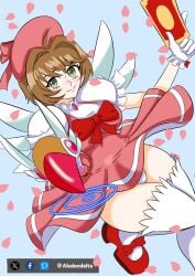 abalondelta aged_up brown_eyes card_captor_sakura dress female_focus gloves green_eyes kinomoto_sakura magical_girl staff wings