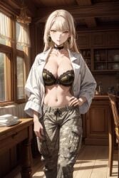 ai_generated belly_button blonde_hair bra camouflage_pants camouflage_shirt exposed_torso large_breasts lorraine_vivie military_boots military_uniform navel navel_piercing nozomanu_fushi_no_boukensha platinum6969