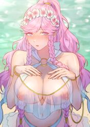 1girls accessory alternate_costume armband bare_arms bare_midriff bare_shoulders bare_thighs beach bikini braid breasts cleavage collarbone female female_only fire_emblem fire_emblem_awakening fire_emblem_heroes flower hair_flower hands_on_own_chest jtaka large_breasts long_hair looking_at_viewer midriff navel nintendo o-ring ocean official_alternate_costume olivia_(fire_emblem) olivia_(summer)_(fire_emblem) open_mouth outdoors pink_eyes pink_hair ponytail see-through shoulders solo swimsuit thighs twin_braids very_long_hair white_bikini white_swimsuit