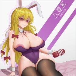 areola_slip blonde_hair bunny_ears bunnysuit collar cuffs_(clothing) huge_breasts large_areolae leotard long_hair nervous nervous_sweat purple_leotard red_eyes red_ribbon sex_toy sweat sweaty_breasts thick_thighs thighhighs thighs touhou veiny_breasts yakumo_kuuhaku yakumo_yukari yukari_yakumo