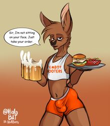 1boy absurd_res alcohol annoyed anthro balls_outline beer beverage brown_body brown_eyes brown_fur bulge burger chiropteran clothing dialogue english_text felid femboy_hooters food fries fur furry genital_outline girly highres hybrid ketchup lion male male_only mammal pantherine plate ruining_food solo talking_to_viewer text tight_clothing viola viola_bat