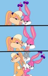 1boy 2girls babs_bunny bugs_bunny buttjob comic comic_page lesbian_sex licking_penis lola_bunny looney_tunes penis sex sucking_penis threesome tiny_toon_adventures warner_brothers