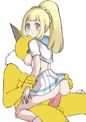 1boy 1girls ass ass_grab balls big_breasts blonde_hair blush breasts butt_grab censored censored_anus censored_balls censored_penis female female_penetrated gamefreak generation_1_pokemon green_eyes hypno lillie_(pokemon) long_hair looking_back male male_penetrating male_penetrating_female mosaic_censoring mosaic_censorship nintendo nipples nivi pokemon pokemon_(species) pokemon_rgby pokemon_sm pokephilia ponytail sex shirt shirt_lift shirt_up skirt skirt_lift straight vaginal_penetration vaginal_sex white_background wrist_grab