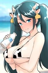 1girls absurd_res absurdres arm_under_breast arm_under_breasts bare_arms bare_chest bare_hands bare_midriff bare_shoulders bare_skin bare_torso beach belly black_hair black_hair_female blue_eyes blue_eyes_female blue_sky blush blush_lines blushing blushing_at_viewer blushing_female cleavage coast collarbone completely_naked completely_naked_female completely_nude completely_nude_female cow_ears cow_print cow_print_bikini dot_nose elbows embarrassed embarrassed_female eyebrows_visible_through_hair female female_focus female_only furaggu_(frag_0416) groin hair_between_eyes high_resolution highres horn horns isuzu_(kantai_collection) kantai_collection lactating lactation large_breasts legs light-skinned_female light_skin long_hair looking_at_viewer milk milk_squirt ocean outdoors sand sea seaside shoulders sideboob sky slender_body slender_waist slim_girl slim_waist solo standing tears thighs thin_waist twintails twintails_(hairstyle) upper_body