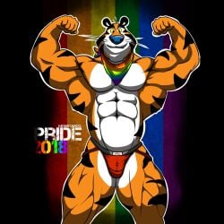 anthro bulge clothing felid frosted_flakes gay hi_res jockstrap lgbt_pride lgbt_pride_month male mammal mascot monstadog muscular pantherine solo tiger tony_the_tiger underwear