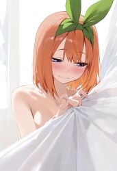 1girls ai_generated bed_sheet blue_eyes blush breasts female female_only go-toubun_no_hanayome human medium_breasts nakano_yotsuba orange_hair seductive sheet_grab short_hair shy shy_expression solo