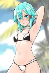 1girls absurd_res absurdres aqua_eyes aqua_eyes_female aqua_hair aqua_hair_female arm_above_head armpits bare_armpits bare_arms bare_belly bare_chest bare_hands bare_hips bare_legs bare_midriff bare_navel bare_shoulders bare_skin bare_thighs bare_torso belly belly_button bikini bikini_bottom bikini_only bikini_top black_bikini black_bikini_top black_string_bikini black_swimsuit black_swimwear blue_eyebrows blue_eyes blue_eyes_female blue_hair blue_hair_female blurred_background blurry_background blush blush_lines blushing blushing_at_viewer blushing_female breasts choker cleavage cleft_of_venus collarbone dot_nose elbows embarrassed embarrassed_female female female_focus female_only furaggu_(frag_0416) groin hair_between_eyes hair_ornament hair_ornaments hairpin half_naked hand_behind_head high_resolution highres legs light-skinned_female light_skin looking_at_viewer navel petite petite_body petite_breasts petite_female petite_girl pussy short_hair shoulders sideboob sinon slender_body slender_waist slim_girl slim_waist small_breasts solo standing string_bikini student swimsuit swimwear sword_art_online teenager thick_thighs thighs thin_waist underboob upper_body v-line white_bikini white_bikini_bottom white_string_bikini white_swimsuit white_swimwear