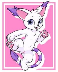 angeellou anthro bandai_namco blue_eyes clitoris digimon digimon_(species) digital_media_(artwork) felid feline female fur gatomon genitals hi_res looking_at_viewer mammal nude paws pussy simple_background smile solo tail