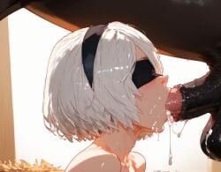 1boy ai_generated blindfold blowjob completely_nude cum cum_in_mouth cumdrip deepthroat drinking_cum ejaculation fellatio female from_side horse horse_balls horse_penis horsecock kay_r large_breasts nier nier:_automata nier_(series) saliva saliva_string saliva_trail short_hair sucking_penis swallowing swallowing_cum white_hair yorha_2b zoophilia