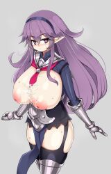 after_paizuri areola areolae armor armor_knight_(disgaea) armored_female big_breasts breasts breasts_out cum cum_between_breasts cum_on_breasts disgaea disgaea_d2 exposed_breasts female_knight huge_areola huge_areolae huge_breasts inverted_nipples large_breasts nipples nippon_ichi_software sawati thick_thighs thighhighs thighs