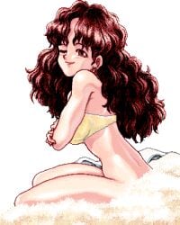 1female 1girls bare_arms bare_legs bare_shoulders bare_thighs bed blush blushing_at_viewer bra brown_eyes brown_hair censored censored_breasts curly_hair earrings female female_only harlot light-skinned_female light_skin lipstick long_hair olive_(princess_maker) only_female picture picture_frame pixel_(artwork) pixel_art png princess princess_maker_(series) red_earring red_earrings red_lips red_lipstick sex_worker thick_thighs transparent_background wink winking winking_at_viewer yellow_bra