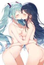 2girls ai_generated areola areolae ass back belly belly_button blue_hair blush blush breast_press breasts breasts breasts breasts_out breasts_squeezed_together closed_eyes completely_naked completely_naked_female completely_nude completely_nude_female dark_blue_hair dark_hair female_focus female_only hatsune_miku high_resolution highres hoshino_ichika_(project_sekai) kissing kissing legs medium_breasts naked navel nipples open_eyes project_sekai pussy thighs tits_out tummy uncensored vocaloid white_background yuri