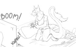 absurd_res animal_genitalia bed furniture genitals hi_res machine male penis plushie protogen sergal sheath sigrus squeakdrakeart