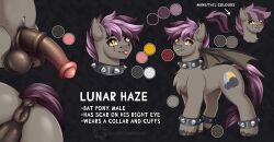 absurd_res animal_genitalia anus balls bat_pony bodily_fluids collar cuffs_(clothing) digital_media_(artwork) equid erection fan_character feral fkk genital_fluids genitals hasbro hi_res lunar_haze(mlp) male mammal my_little_pony penis reference_image simple_background solo solo_male wings