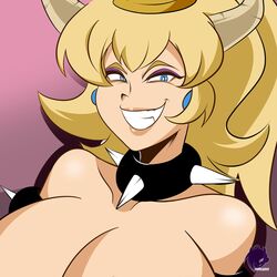 1girls bare_shoulders big_breasts blonde_hair blue_earrings blue_eyes bowsette busty choker female female_only frankaraya genderswap_(mtf) grin horn horns huge_breasts koopa large_breasts looking_at_viewer mario_(series) new_super_mario_bros._u_deluxe nintendo purple_eyeshadow rule_63 smile solo spiked_collar teeth