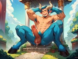 ai_generated bara blue_fur blue_hair blue_skin cum_dripping_from_penis cum_dripping_on_floor cumming hands_above_head hanging_balls happy_trail hooves horn horns_and_hooves incubus male male_only mythological_creature oozing_cum ritual_sex satyr spaceemperor32089 temple transformation winking_at_viewer