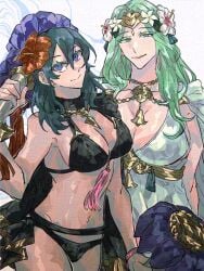 alternate_costume bikini biz6ls black_bikini black_swimsuit blue_eyes breasts byleth_(female)_(fire_emblem) byleth_(female)_(summer)_(fire_emblem) byleth_(fire_emblem) byleth_(summer)_(fire_emblem)_(female) female fire_emblem fire_emblem:_three_houses fire_emblem_heroes nintendo official_alternate_costume rhea_(fire_emblem) rhea_(summer)_(fire_emblem) swimsuit white_bikini white_swimsuit