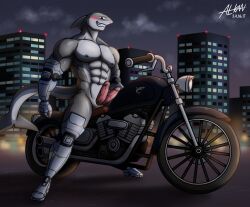 2_penises abs absurd_res alkan anthro biker city city_background cybernetics cyborg diphallia diphallism erection fish genitals grey_body harley_davidson hi_res machine male marine motorcycle multi_genitalia multi_penis multicolored_body muscular muscular_anthro muscular_male navel nipples norman_(alkan) nude nude_anthro nude_male pecs penis pink_penis red_eyes shark solo two_tone_body vehicle