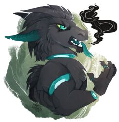 2016 ambiguous_gender black_fur black_lips candy_gore digital_media_(artwork) dragon feral fur furred_dragon green_eyes green_tongue maplespyder open_mouth simple_background solo teeth tongue