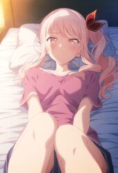 1girls 1other ai_generated akiyama_mizuki bed bedroom blush bottomwear breasts clothed clothed_female clothes clothing embarrassed female female_focus female_only high_resolution highres laying_down laying_on_back laying_on_bed legs legs_together looking_at_viewer on_back on_bed pillow pink_eyes pink_hair ponytail pov project_sekai ribbon shirt shorts side_ponytail small_breasts solo solo_female solo_focus thighs topwear uncensored