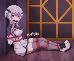 bit_gag bondage female gag gagged harness looking_at_viewer maou_gakuin_no_futekigousha misha_necron red_rope rope rope_bondage rope_harness sad stockings tied_up white_hair