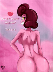 alcasar-reich ass back_view baroness_von_bon_bon big_ass brown_hair candy cuphead_(game) dialogue female hand_on_hip heart looking_at_viewer looking_back pink_skin sideboob smile solo