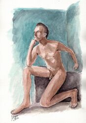 english_guy english_male english_man flaccid flaccid_penis hand_drawn handdrawn handdrawn_art male naked naked_male nude nude_male sketches_by_adab skinny_male solo thinker_pose watercolor watercolor_(artwork) watercolor_(medium) watercolor_pencil_(medium) watercolour