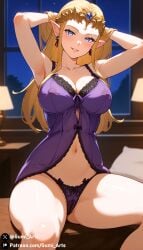 ai_generated babydoll blonde_hair blue_eyes cleavage covered_nipples covered_pussy gumi_arts hands_behind_head lace_trim large_breasts lingerie panties princess_zelda smiling stable_diffusion the_legend_of_zelda the_legend_of_zelda:_twilight_princess thick_thighs zelda_(twilight_princess)