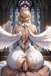 1boy 1girls ai_generated anal anal_sex angel angel_wings big_ass big_butt big_penis blonde_hair church church_interior female halo huge_ass huge_butt male male/female male_penetrating_female penis pov rcally ripped_clothing sex straight wide_hips wings