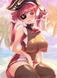 1girls 2021 alternate_version_available black_headwear blush bodysuit breasts brown_bodysuit brown_legwear covered_navel eyepatch female female_focus female_only hair_ribbon hat highres hololive hololive_fantasy hololive_japan houshou_marine large_breasts long_hair looking_at_viewer o-hako open_clothes pirate_hat red_eyes red_hair red_ribbon ribbon sitting sleeveless smile solo solo_female thighhighs thighs twintails virtual_youtuber