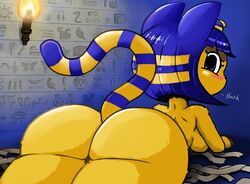 angry animal_crossing ankha ass bandage blue_hair blush breasts feline female fire from_behind_(disambiguation) fur hair hieroglyphics looking_at_viewer lying mammal mrmochi nintendo short_hair solo symbol text torch video_games yellow_fur